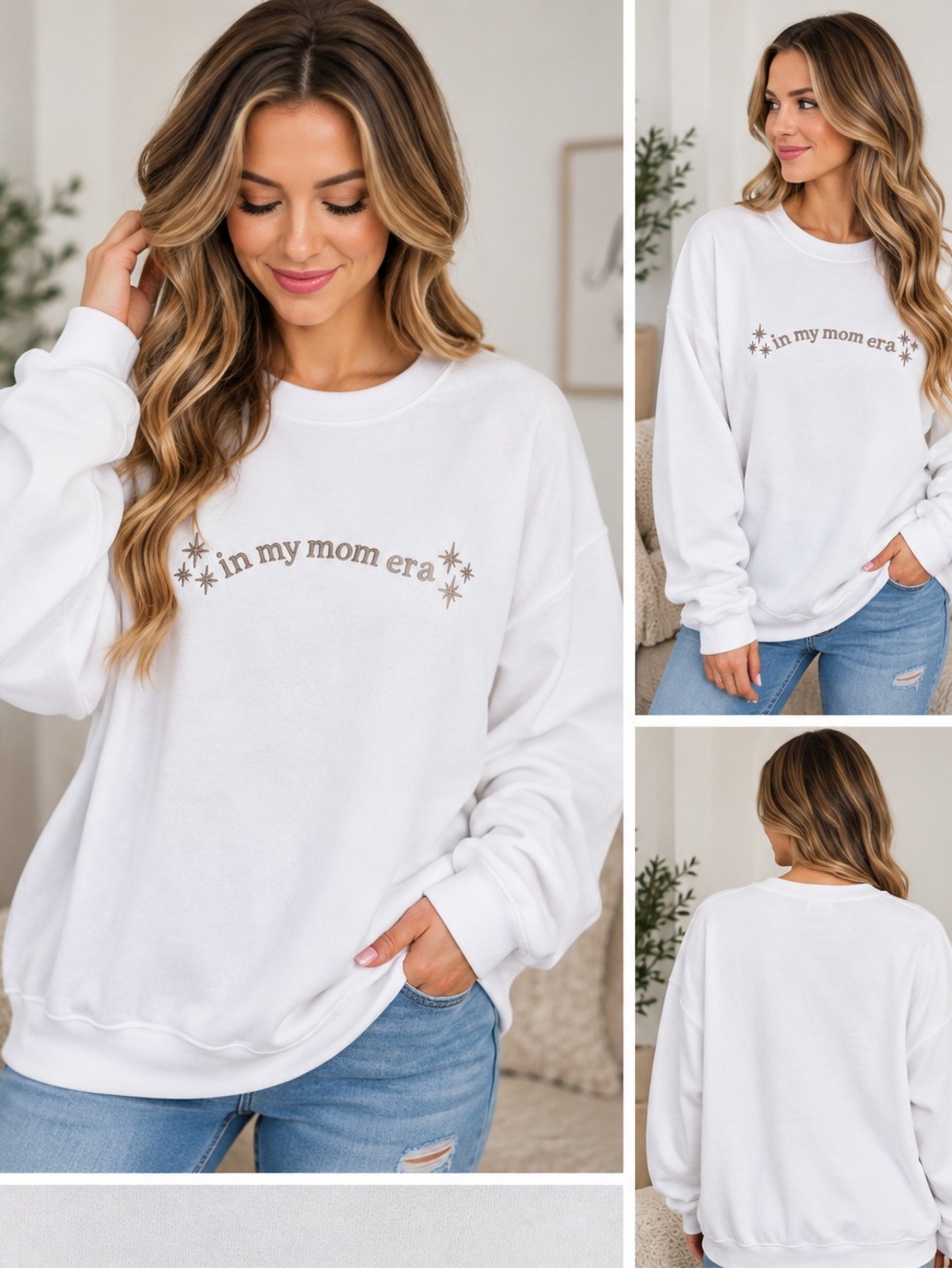 Gildan White “In My Mom Era” Embroidered Crewneck Sweatshirt Large NWT